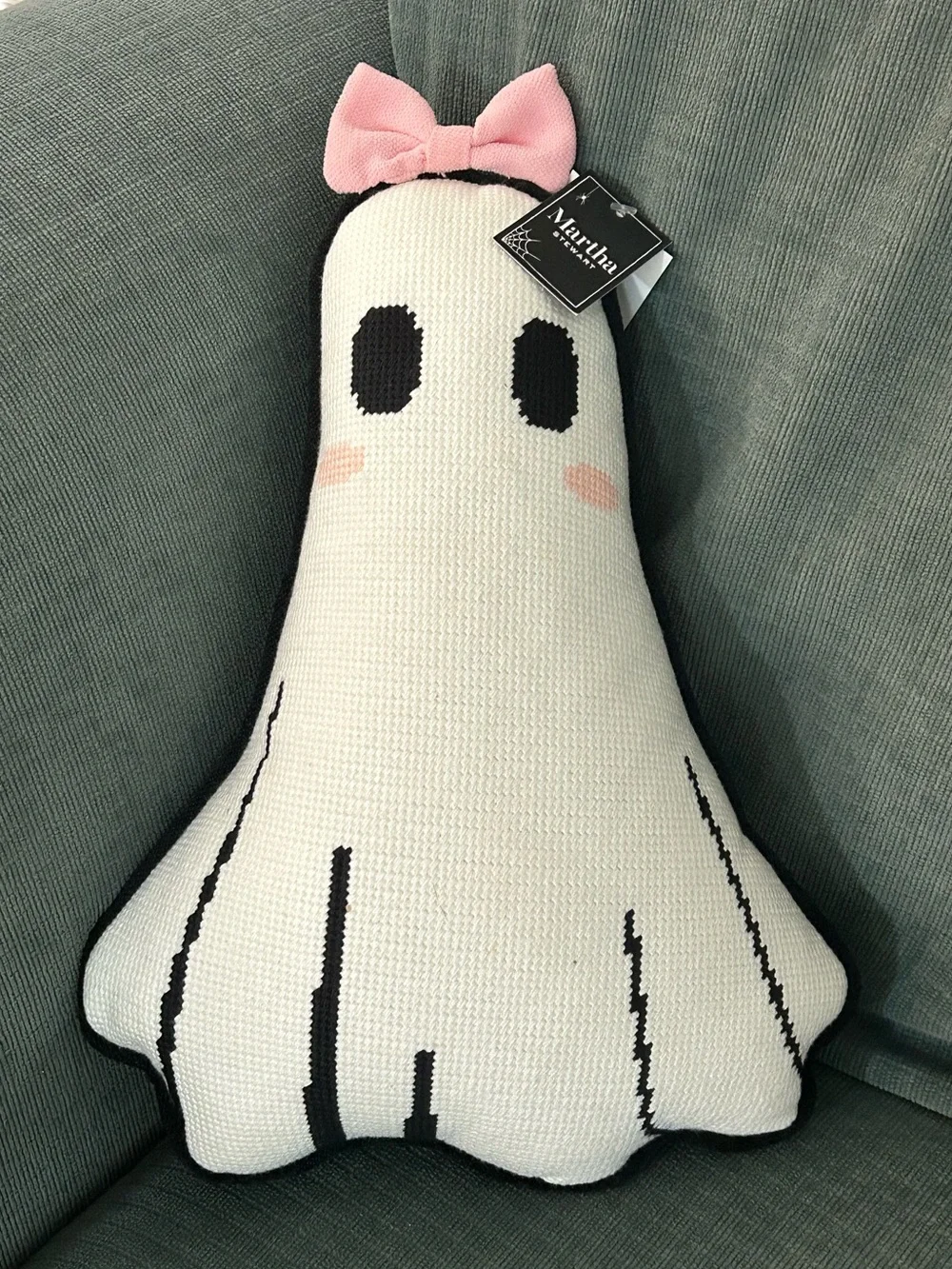 Martha Stewart White Ghost Pillow with Pink Bow Embroidered
